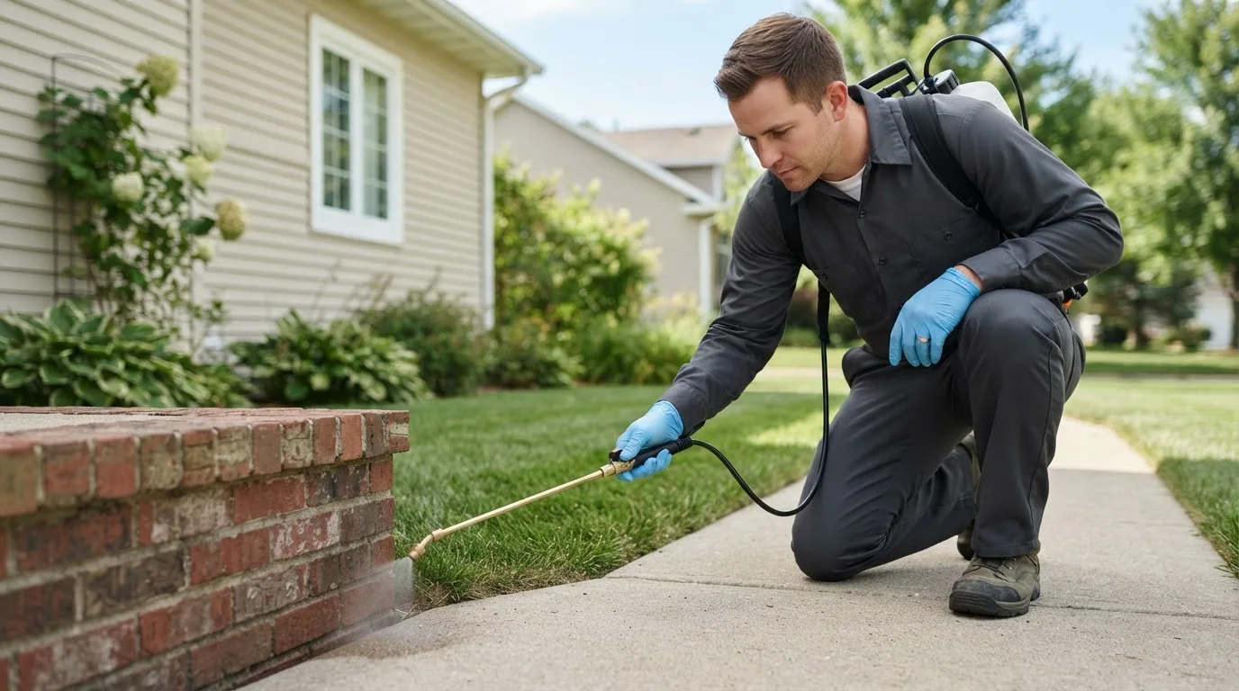 Pest control technician treating a home near Covesville, VA