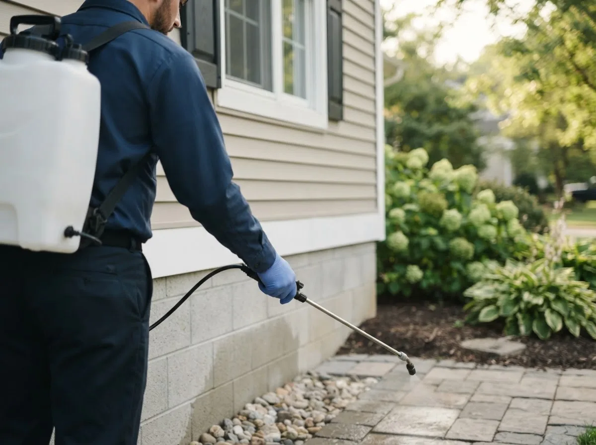 Pest control technician inspecting a home in Covesville, VA